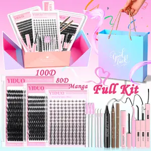 YIDUO Lash Clusters Gift Kit 80D+100D+Manga False Eyelashes Extensions with Bond and Seal Kit | 4 Tip Brow | Waterproof Eyeliner | Eyelash Brush, 10-18mm Volume Fairy Wispy D Curly Individual DIY Eyelash Clusters Kit Salon Look at Home | Long-Lasting Glam