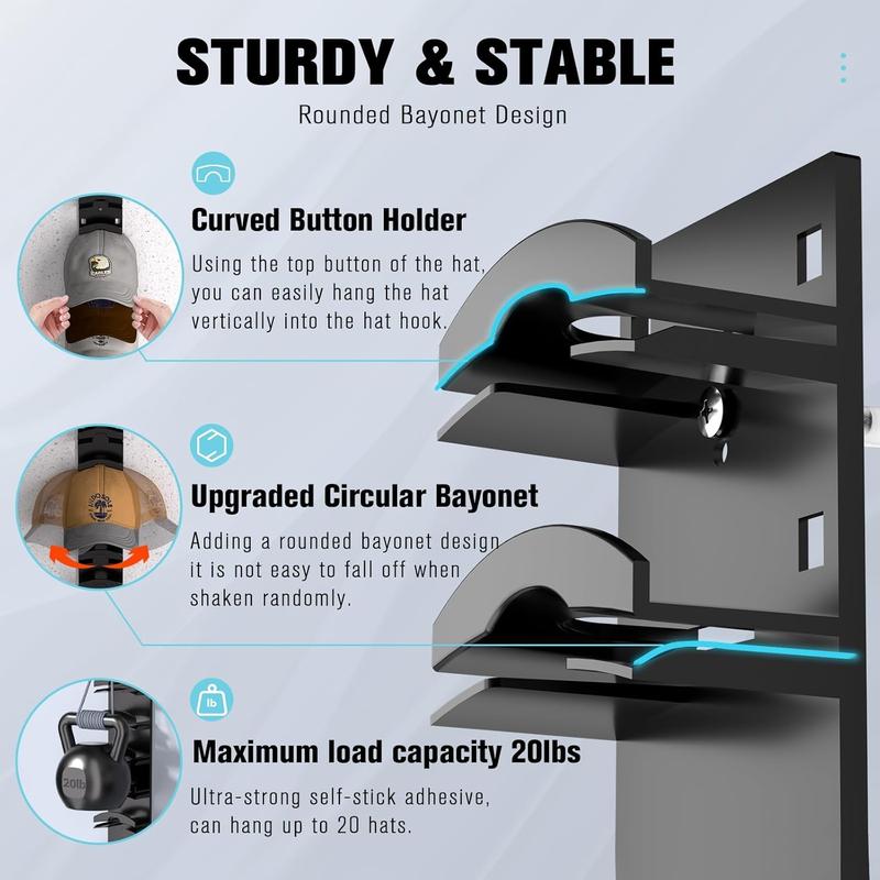 2-Pack Wall-Mounted Hat Organizer | Baseball Cap Rack (Black), Adhesive Mount, Stable Structure, Holds 20 Hats, Easy Access & Installation, Hanging Display for Closet, Door & Bedroom