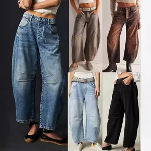 Women Mid Rise Barrel Jeans Trendy HighWaisted Wide Leg Cropped 9Os outfits Denim Pants  Baggy Boyfriend Jeans with Pockets Womenswear Bottom