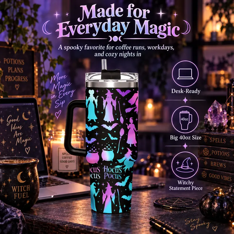Halloween Tumbler, Hocus Pocus Apothecary Tumbler with Handle, Sanderson Sisters Magic Potion Design Cup, Spooky Halloween Travel Mug, Halloween Gift, Witchy Aesthetic Gift, 40oz Stainless Steel Tumbler