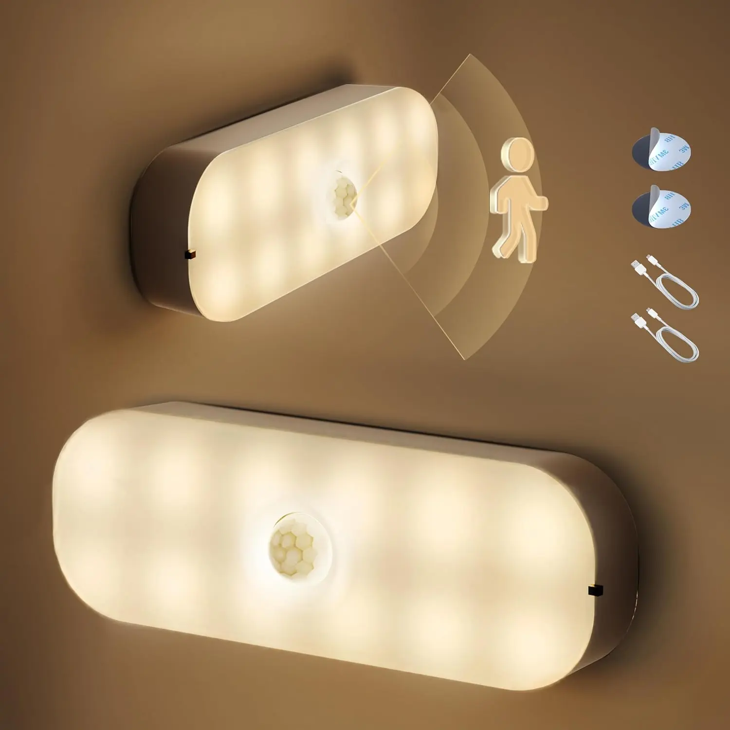 LED Motion Sensor Night Light, 2 Pack, Stick-On, Wall Lights Closet Lights Stair Lights, Motion Activated for Hallway, Bathroom, Kitchen, Cabinet, Stairs