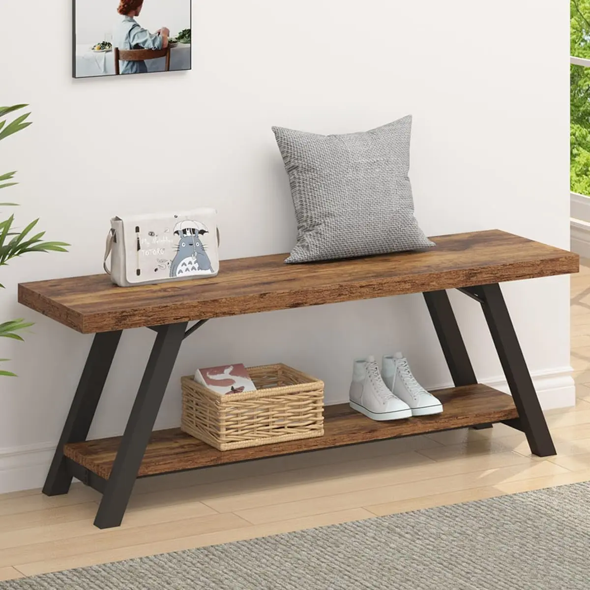 Bench, Industrial Storage Entryway Indoor Bench for Bedroom Hallway Living Room, Rustic Famhouse Wooden Metal Shoe Rack Accent Foyer Bench Seat for Entrance Sitting, Rustic Brown,  in Long