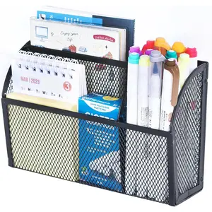 3-Grid Mesh Magnetic Pencil Holder Magnetic Shelf, Magnetic Pen Organizer for Whiteboard Refrigerator, Locker Accessories Organizer for Home School Office, Black