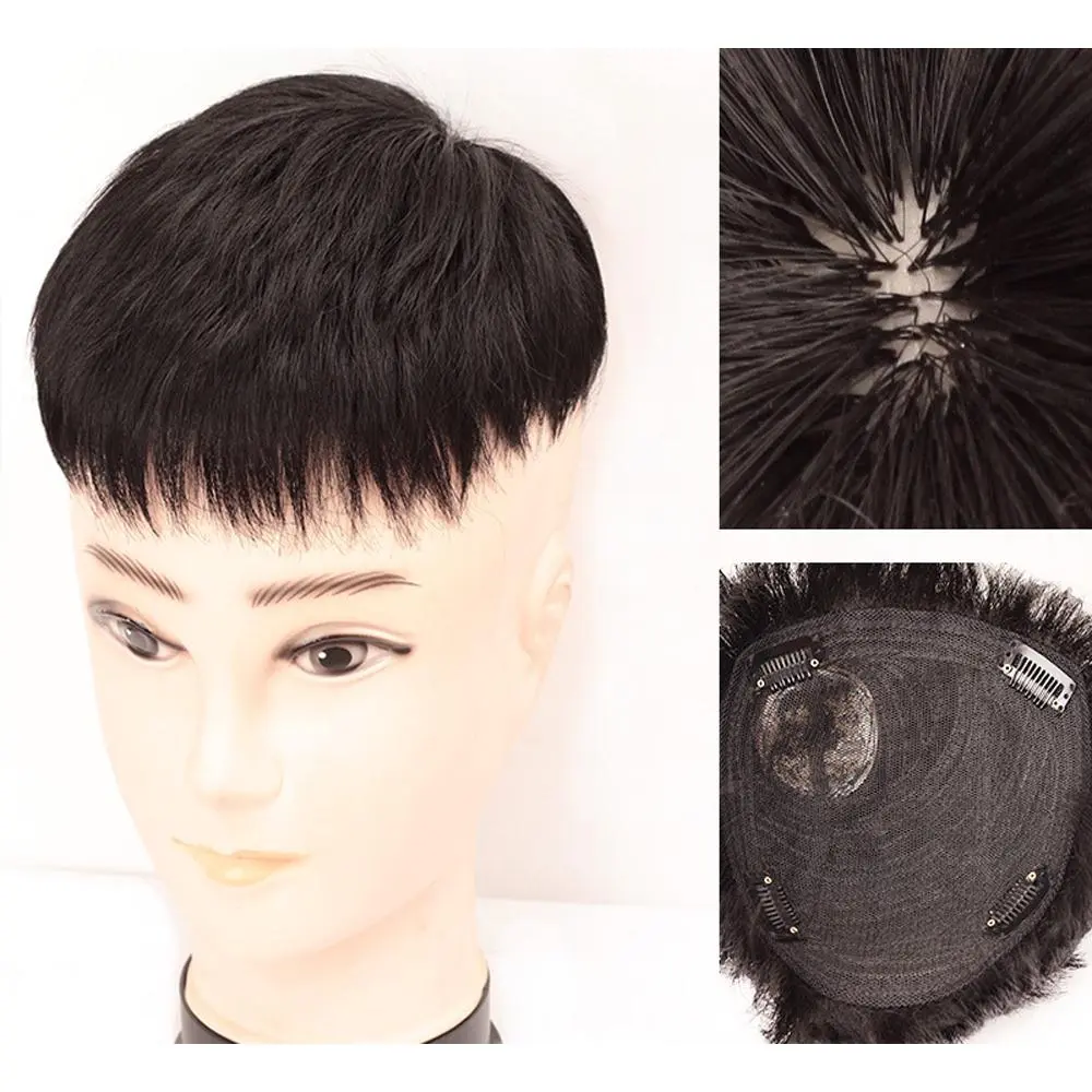 Synthetic Men Toupee 4inches Natural Breathable Hair Extensions Head Top Repair Block Forehead Internal Network Area 16X18CM
