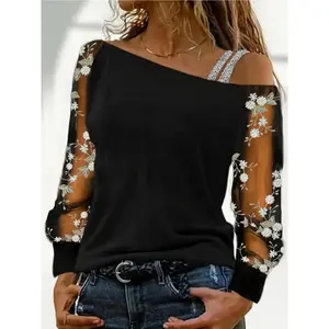 Good Quality Women's fashionable boat neck bottoming shirt with embroidered sleeves, elegant and loose long-sleeved T-shirt, spring and autumn Women's slope collar mesh off-shoulder long-sleeved T-shirt