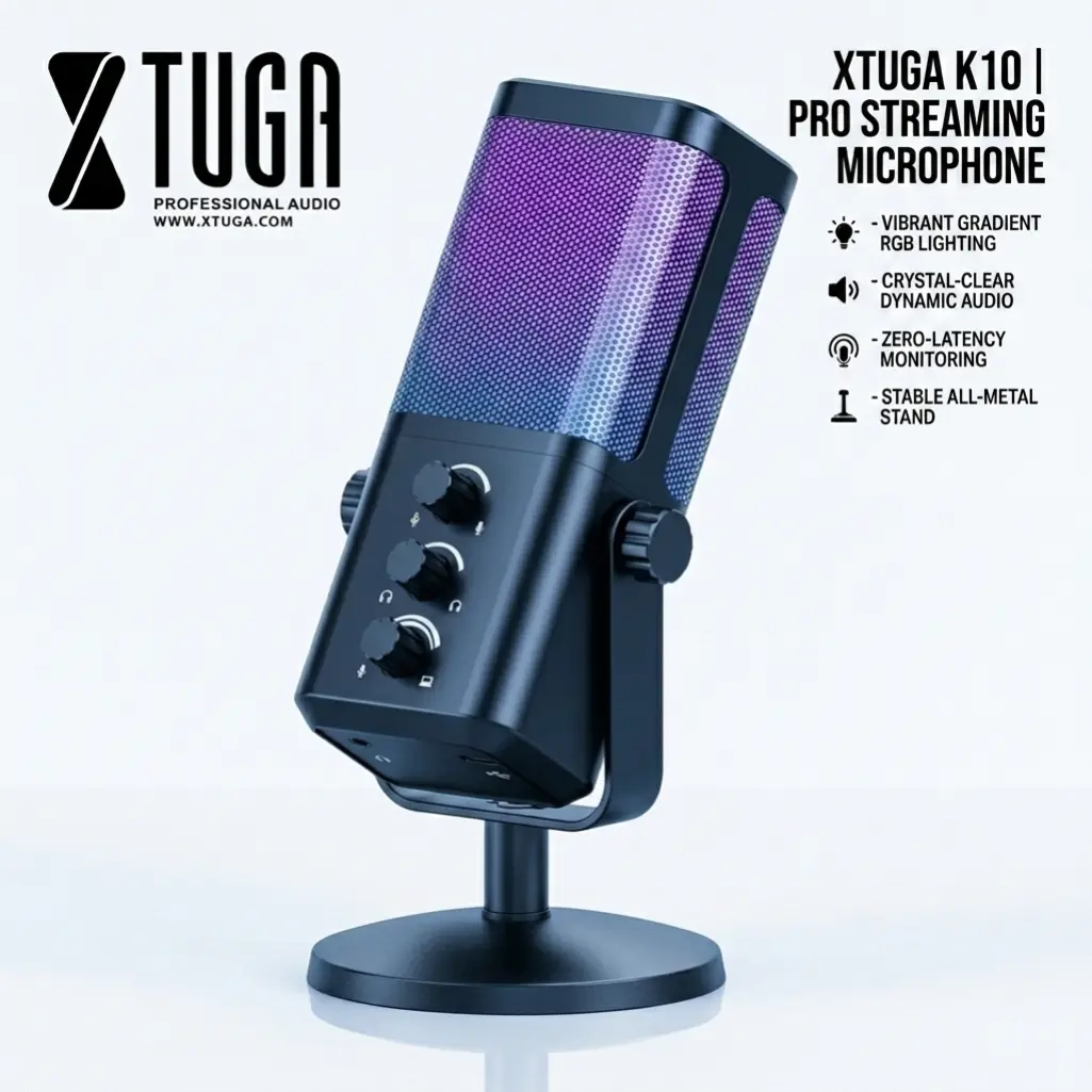 XTUGA M7 USB Streaming Gaming Microphone with Stereo Audio, Intelligent Noise Cancelling, RGB Lighting, Easy Sound Control, 1-Click Mute, Connector for PC, PS4/PS5 Complete Kit