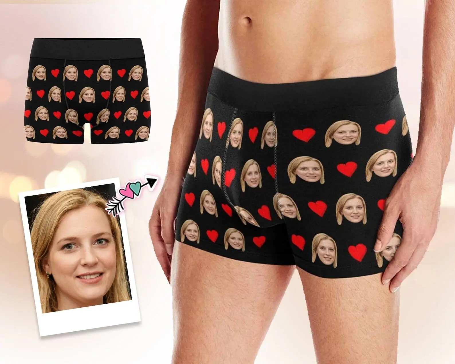 Custom Your Face on Men's Boxer Briefs Underwear Valentine's Day Red Love Hearts Black