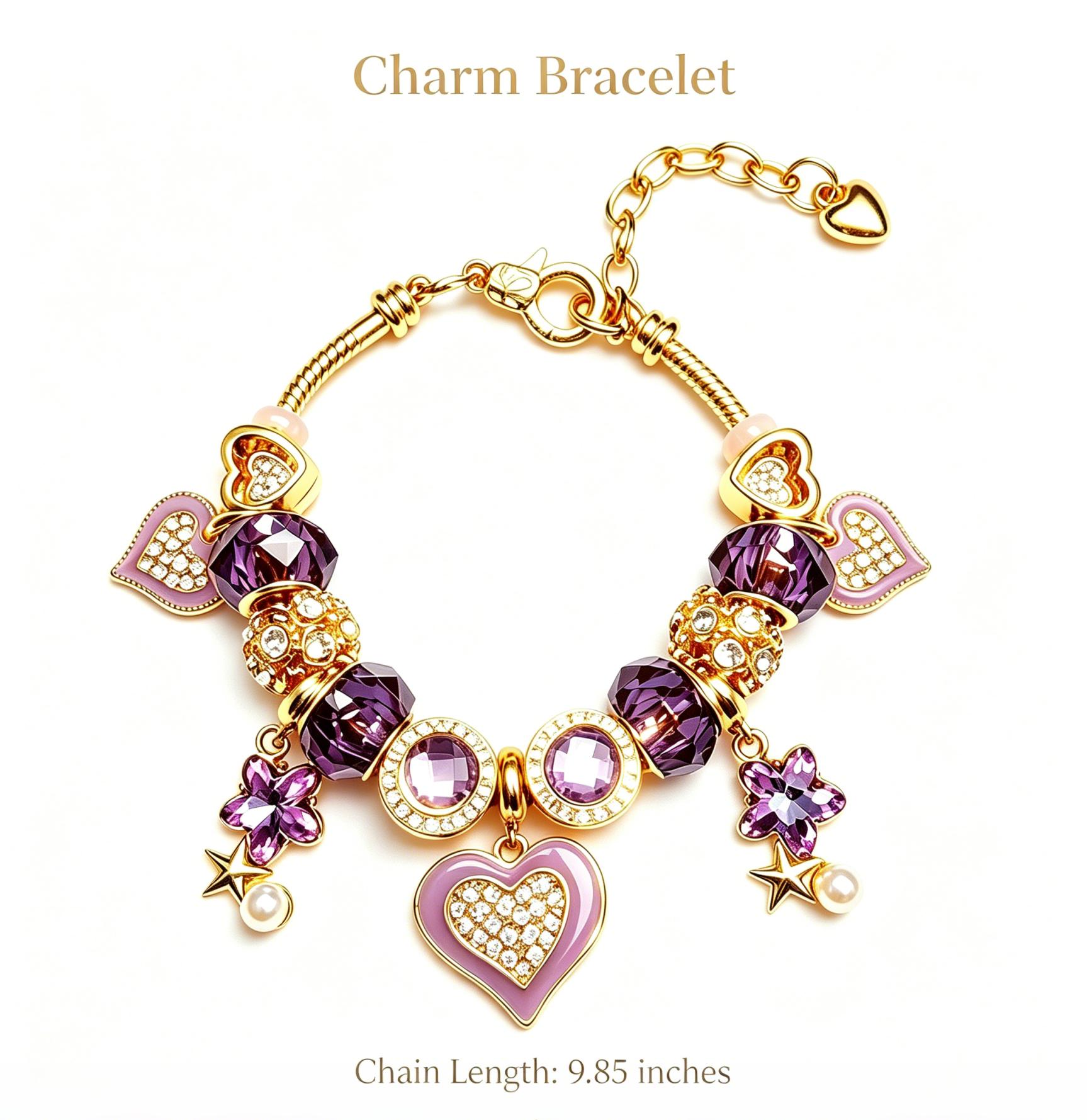 Gold Tone Purple Heart Charm Beaded Bracelet for Women, Amethyst Crystal Star Pearl Dangle Snake Chain Bracelet, Fashion Jewelry Gift for Girls