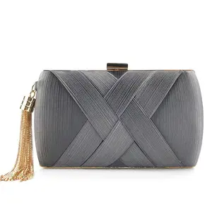 Ladies Grey Pleated Clutch Bag with Gold Tassel and Cross Design for Evening Events