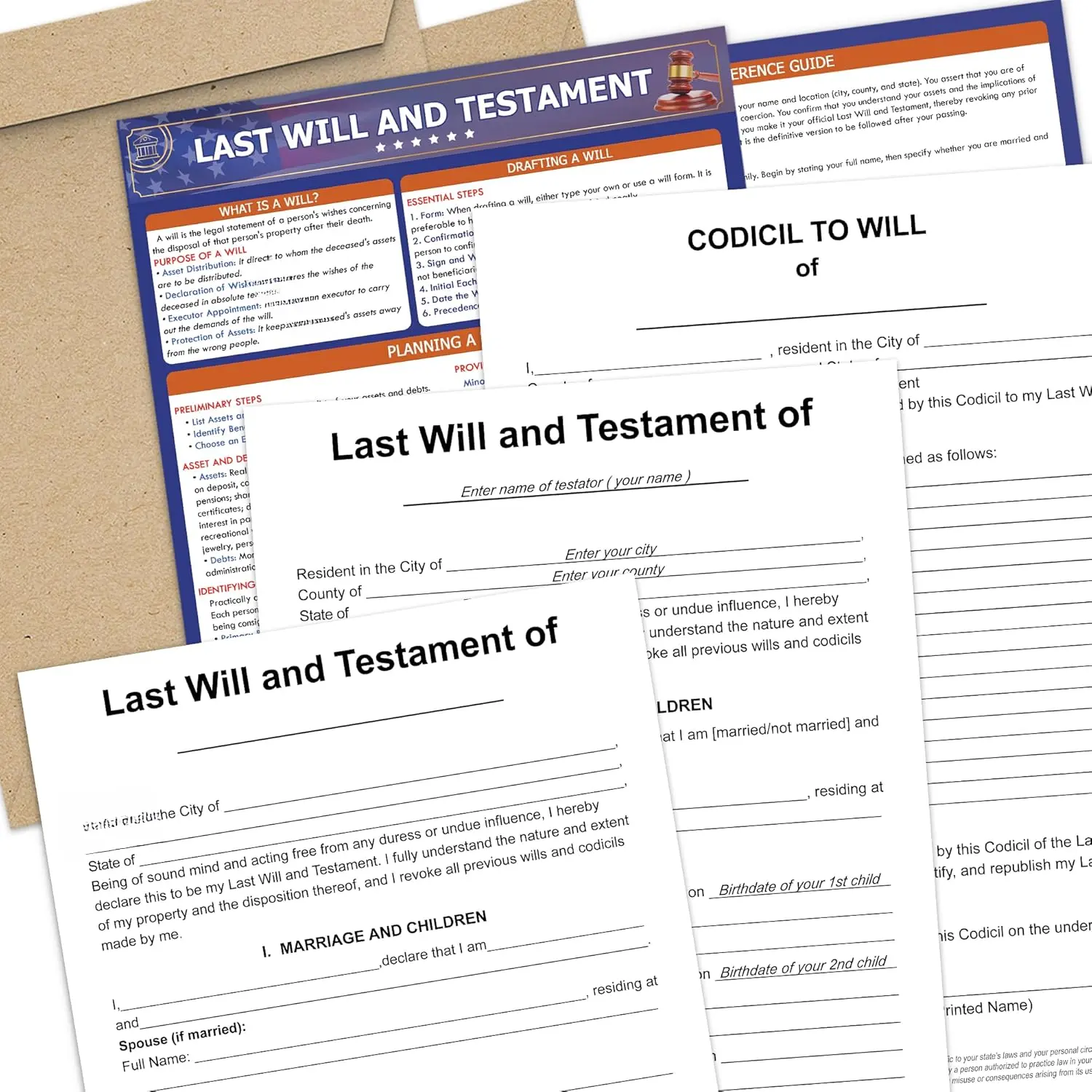 Last Will and Testament Kit 2025 - Legal Will, Trust Forms for Estate Planning, Do It Yourself Kit, Peace of Mind - Includes 2 Forms, Codicil Guide, Information Sheet,  Envelopes, All-In-One Legal Document Set, Essential Legal Documents