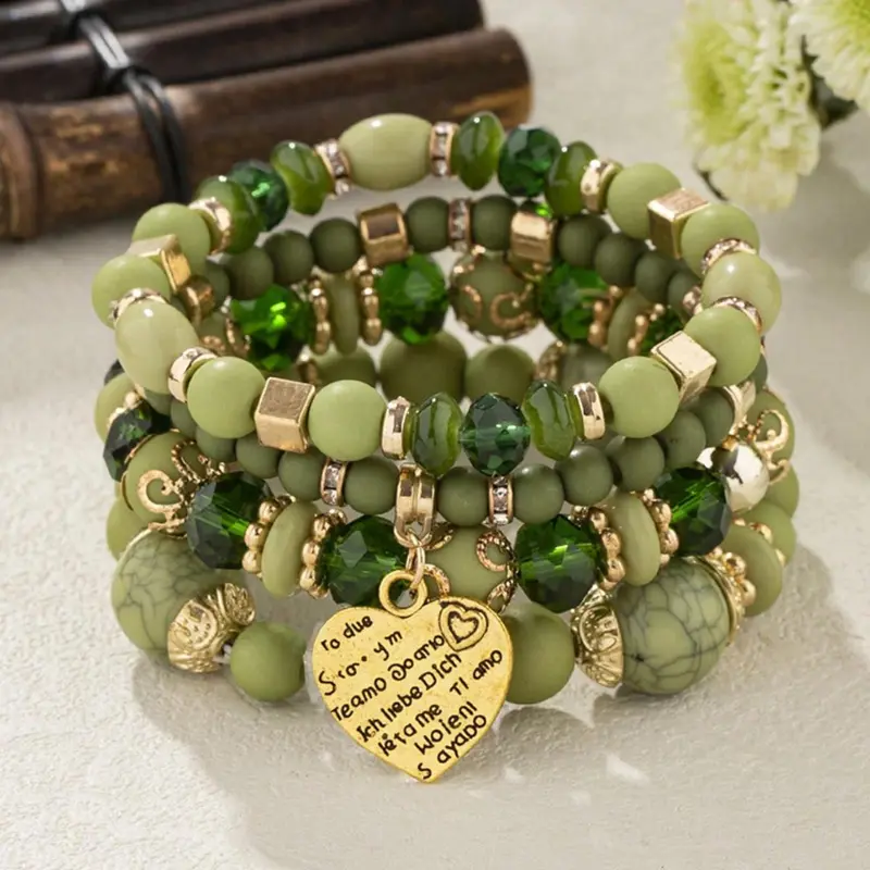 Boho Style Heart Pendant, Fashionable Vintage Jewelry for Women, Trendy Versatile Jewelry for Birthday Gifts, Beaded Bracelets Set
