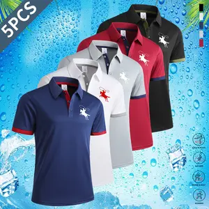 5-Pack Men's Summer Short Sleeve Polo Shirts with Stylish Contrasting Striped Neckline for Casual Wear Masculine Top