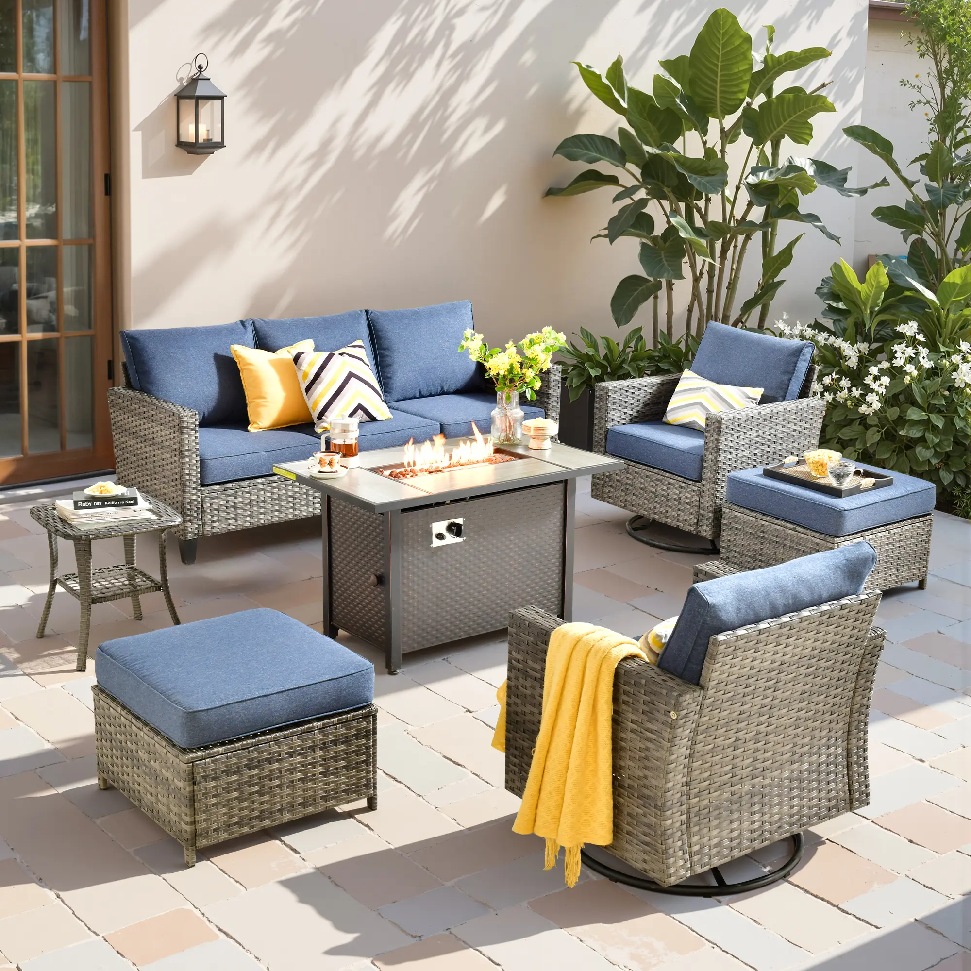 Grey Wicker Denim Blue Cushion