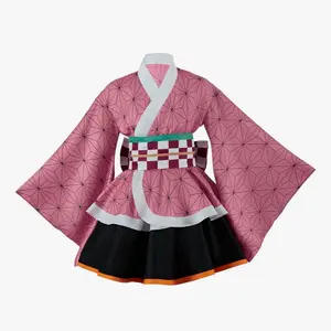 Inosuke Hashibira Kimono - Pink Geometric Design with Black Skirt and White Trim Anime Cosplay Costume adults