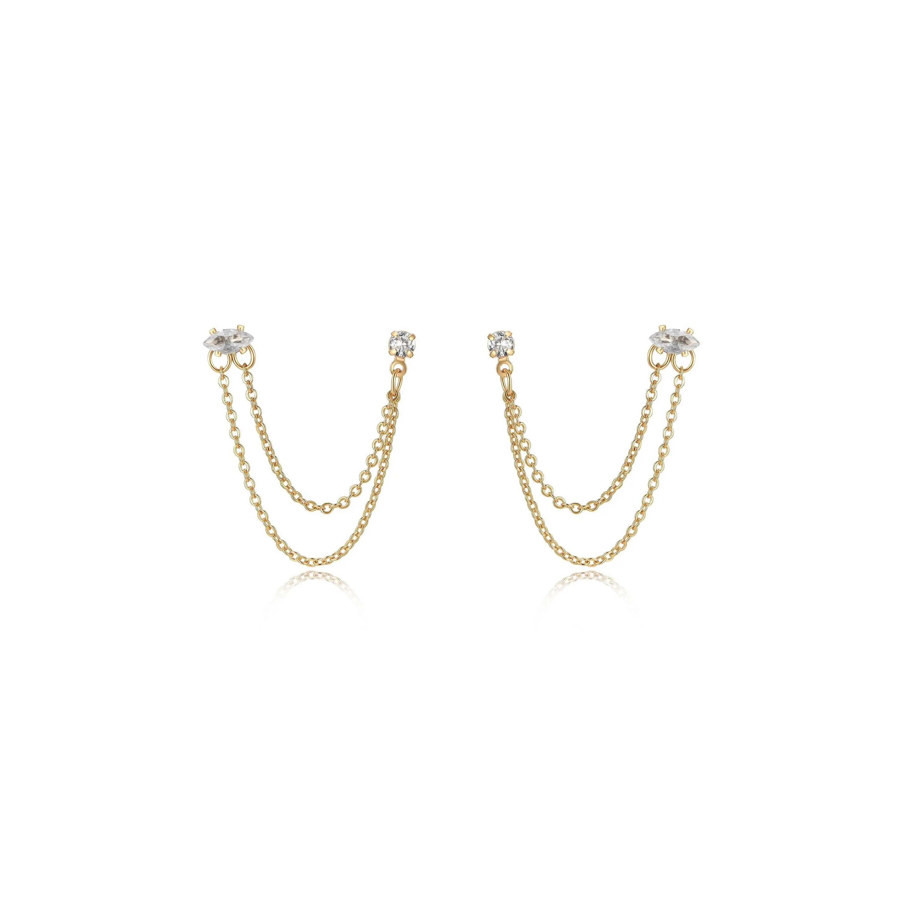 Ettika Double Piercing Chain Dangle Earrings Zirconia Rhinestone 18k Gold Plated Brass Glass 2 Inch Length for Adults Ettika Double Piercing Chain Dangle Earrings Zirconia Rhinestone 18k Gold Plated Brass Glass 2 Inch Length for Adults