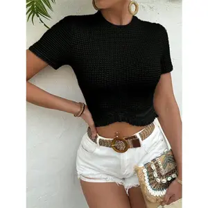 Women's Solid Color Knit Slim Fit Round Neck Wave Fringe Hem Sexy Ultra Cropped Pullover T-Shirt for Summer