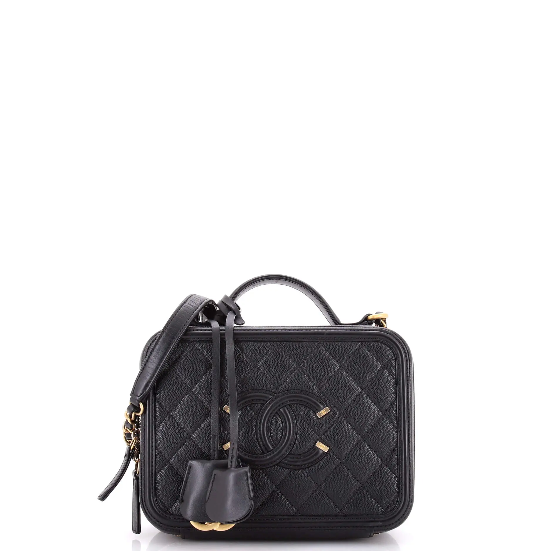 Pre-owned CHANEL Leather Top Handle Bags Filigree Vanity Case Quilted Caviar Medium by Rebag