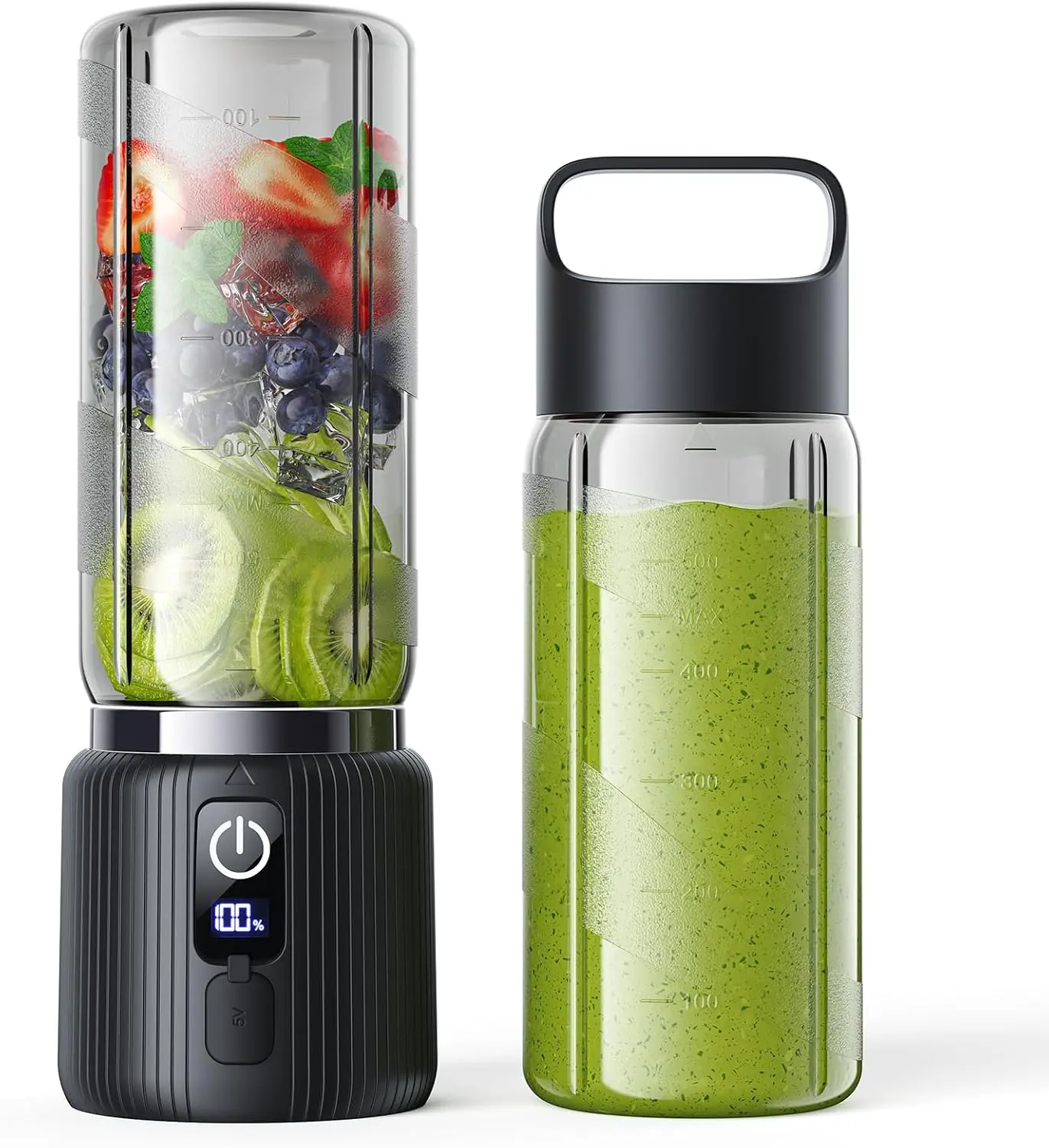 COKUNST Portable Mini Blender, 17oz USB-C Rechargeable Smoothie & Shake Maker with 8 Blades, 22000 RPM, LED Display, Extra Lid, Lightweight for Travel & Office, Black