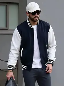 Men's Fall Winter Casual Long Jacket, Thin Baseball Bomber Fabric Coat, Patchwork Flight Jacket, Lightweight Windproof Golf Jacket