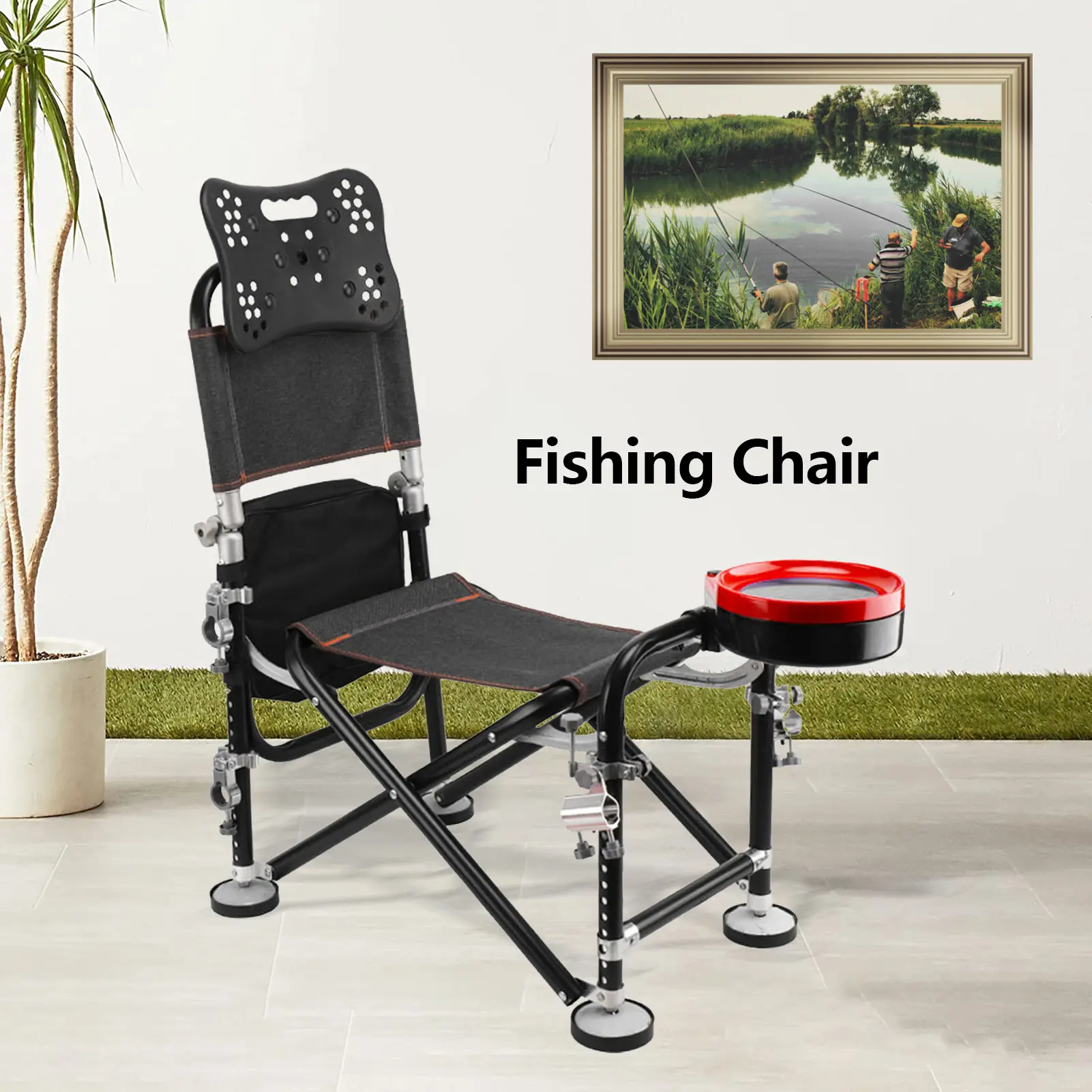Folding Fishing Chair, Adjustable Oxford Cloth Outdoor Seat with Rod Holder, Heavy Duty 300lb Capacity for Fishing Trips, Foldable Chair, Adjustable Size, Functional, Iron Frame