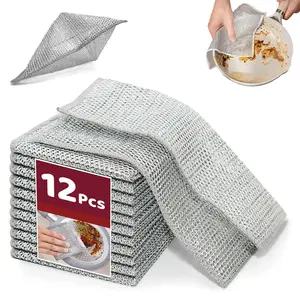 12PCS Non‑Scratch Metal Wire Cleaning Cloths, Reusable Wet Dry Dishwashing Rags, Odor‑Free Washable Steel Scrubber Pads for Kitchen Dishes, Cookware, Sinks, Stove Tops, 8×8 Inch