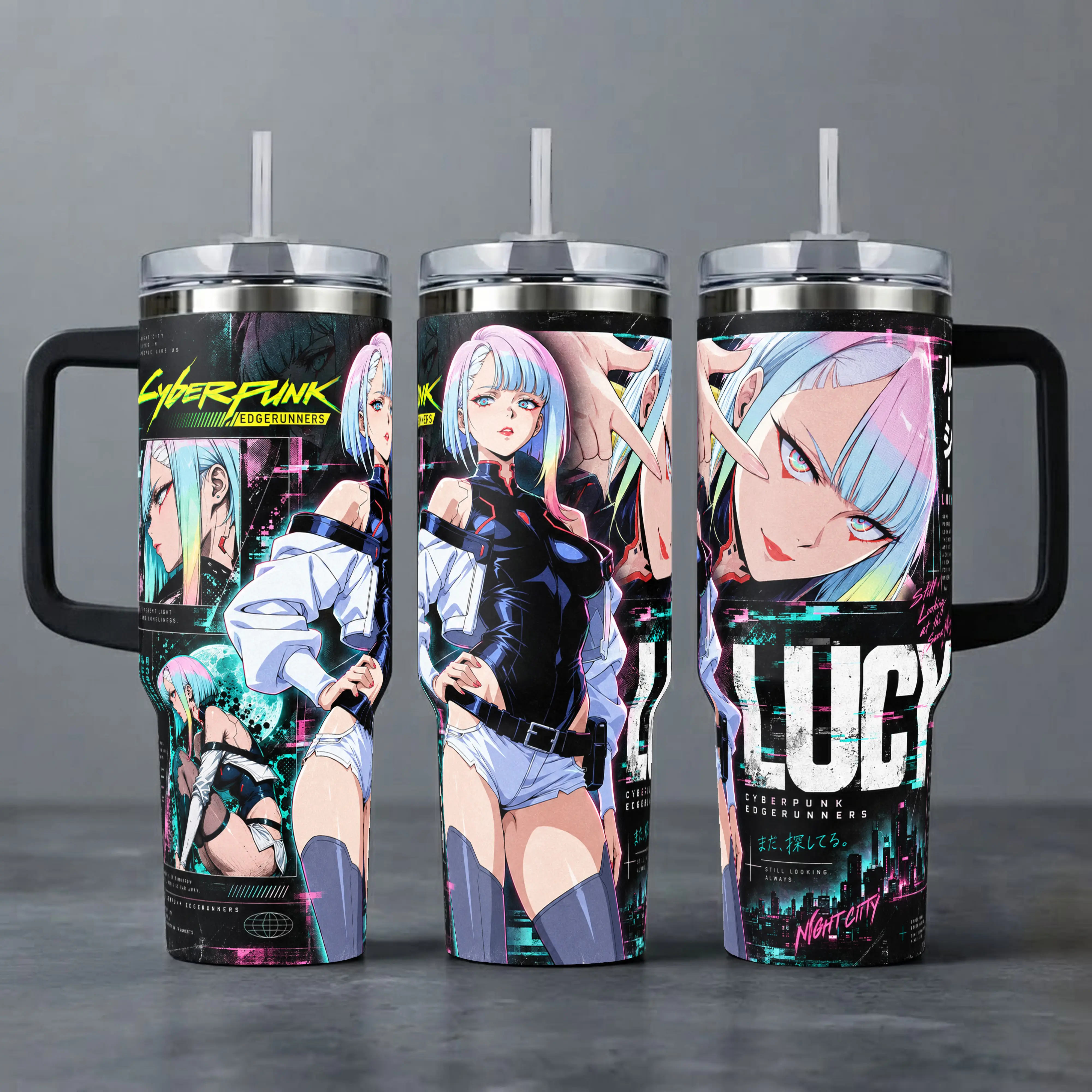 Lucy Cyberpunk Edgerunners Tumbler - 40oz Stainless Steel Cup with Handle, 20oz Straight Tumbler with Sliding Lid, Anime Fan Gift, Insulated Drinkware with Straw
