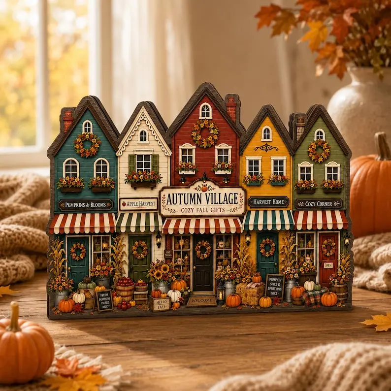 Autumn Village Wooden Block Fall House Shelf Decor, Vintage Halloween Decor 2026, Fall Decor 2026, Harvest Home Wooden Sign Decor, Fall Pumpkin House Decor, Autumn Table Sign, Thanksgiving Farmhouse Gift, Cozy Country Shelf Decor, Bookshelf Decor