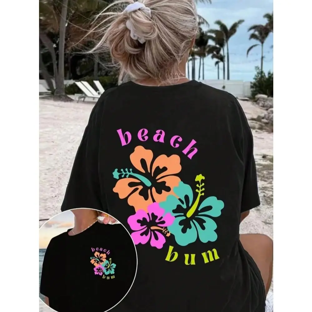 Beach Bum Hibiscus Flower Graphic Tee Womens Oversized Casual Short Sleeve Crewneck Summer Vacation Beach Cover Up Soft Comfy Trendy