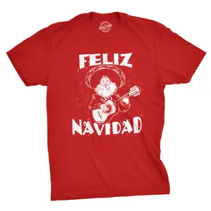 Mens Feliz Navidad T Shirt Funny Guitar Mexican Santa Claus Christmas Tee Mens Funny T Shirts Cool Vintage Fashion T-Shirt Gift Classic Menswear Christmas Apparel for Men Funny Cinco De Mayo Short Sleeve Red