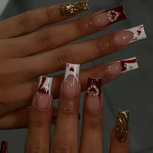 24pcs Square Press-On Nails, French Tips, Poker Ace & Gold Detail, Y2K Glossy Fake Nails, Press On Sets, Reusable, Party Ready, Includes Jelly Glue & File