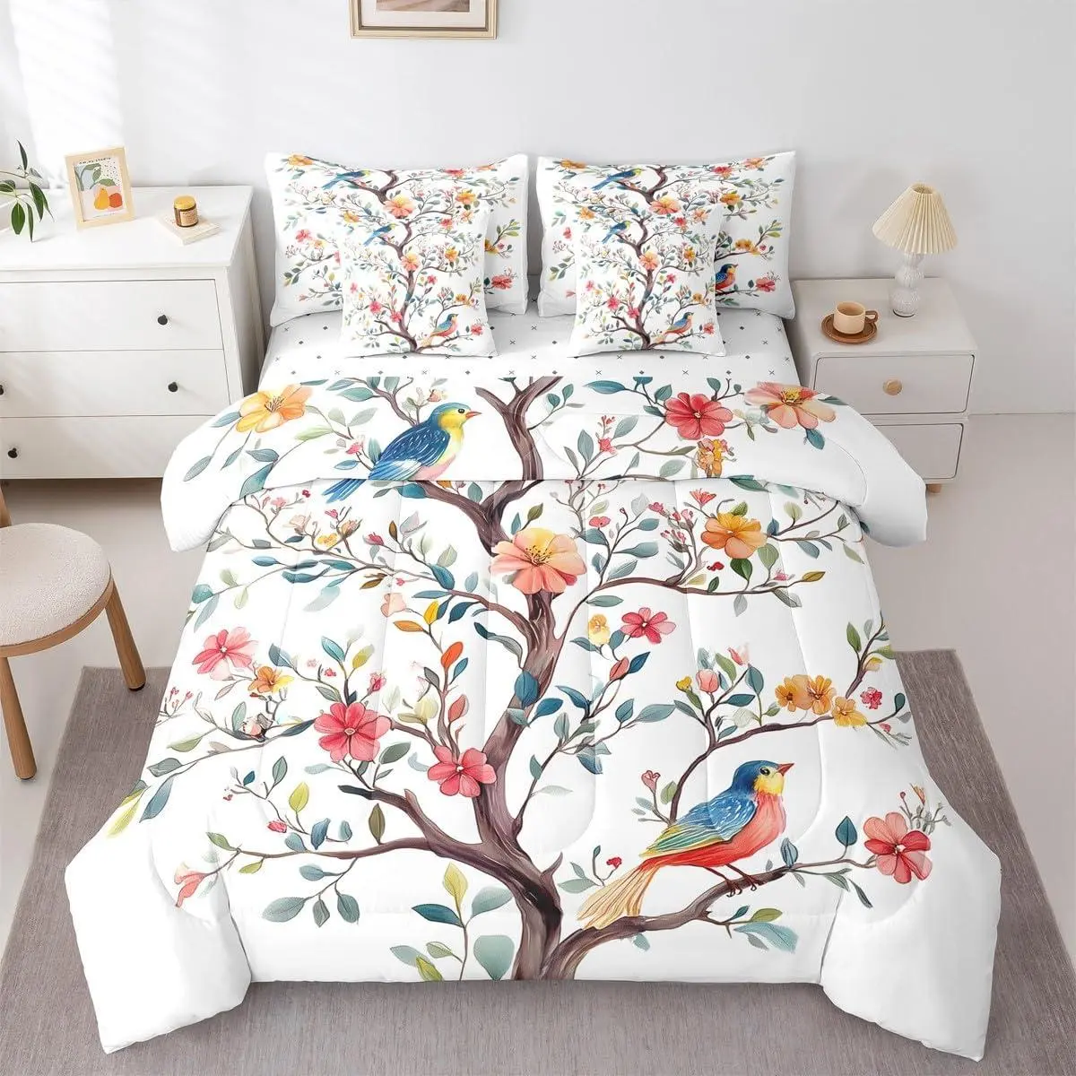 Branches 7 Piece Bedding Set Colorful Birds Bed in A Bag Blue Red Vintage Flowers Petals Comforter with Sheets Romantic Style Bed Sets