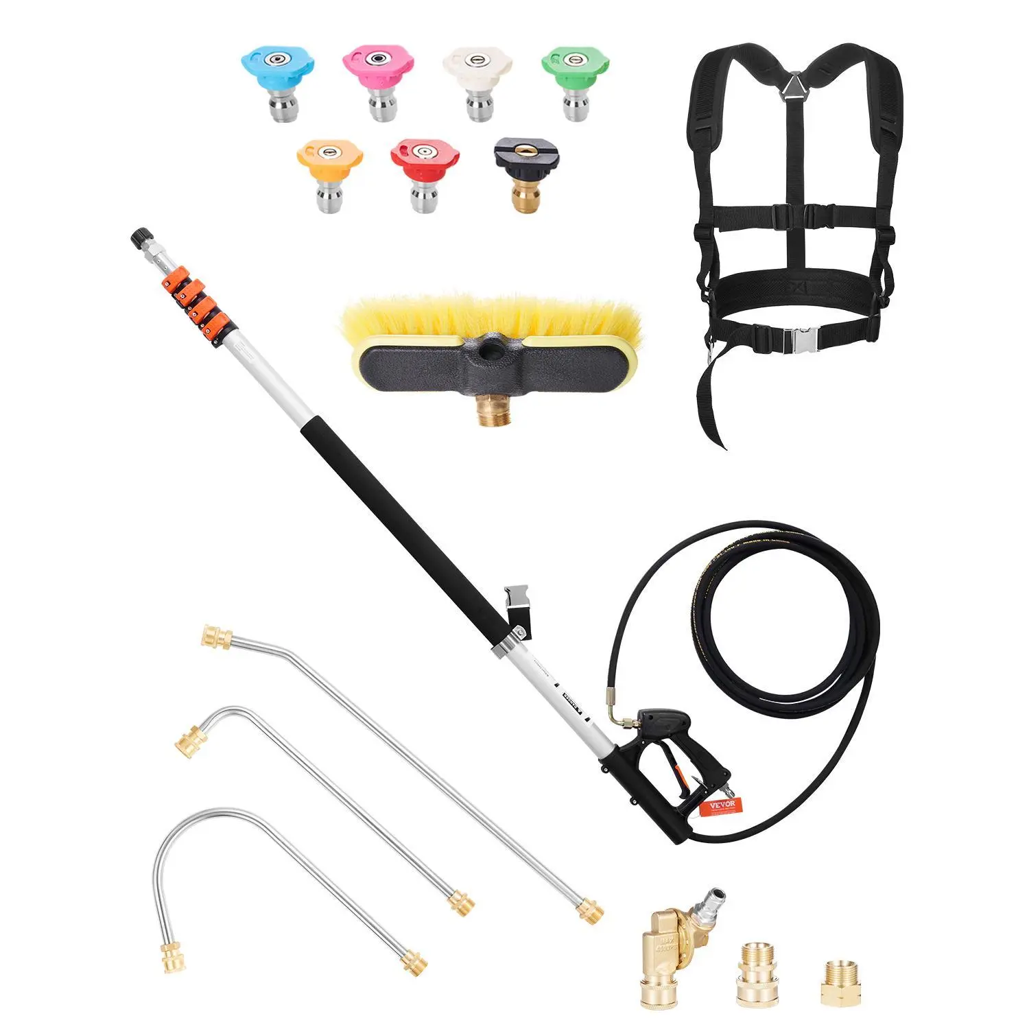 【SummerFinds】VEVOR Pressure Washer Telescoping Wand,  , 21 ft, 4000 psi, Telescopic Spray Wand with Power Washer Extension Wands, Gutter Cleaner, Brush Head, Pivoting Coupler, 7 Spray Nozzles and Support Harness