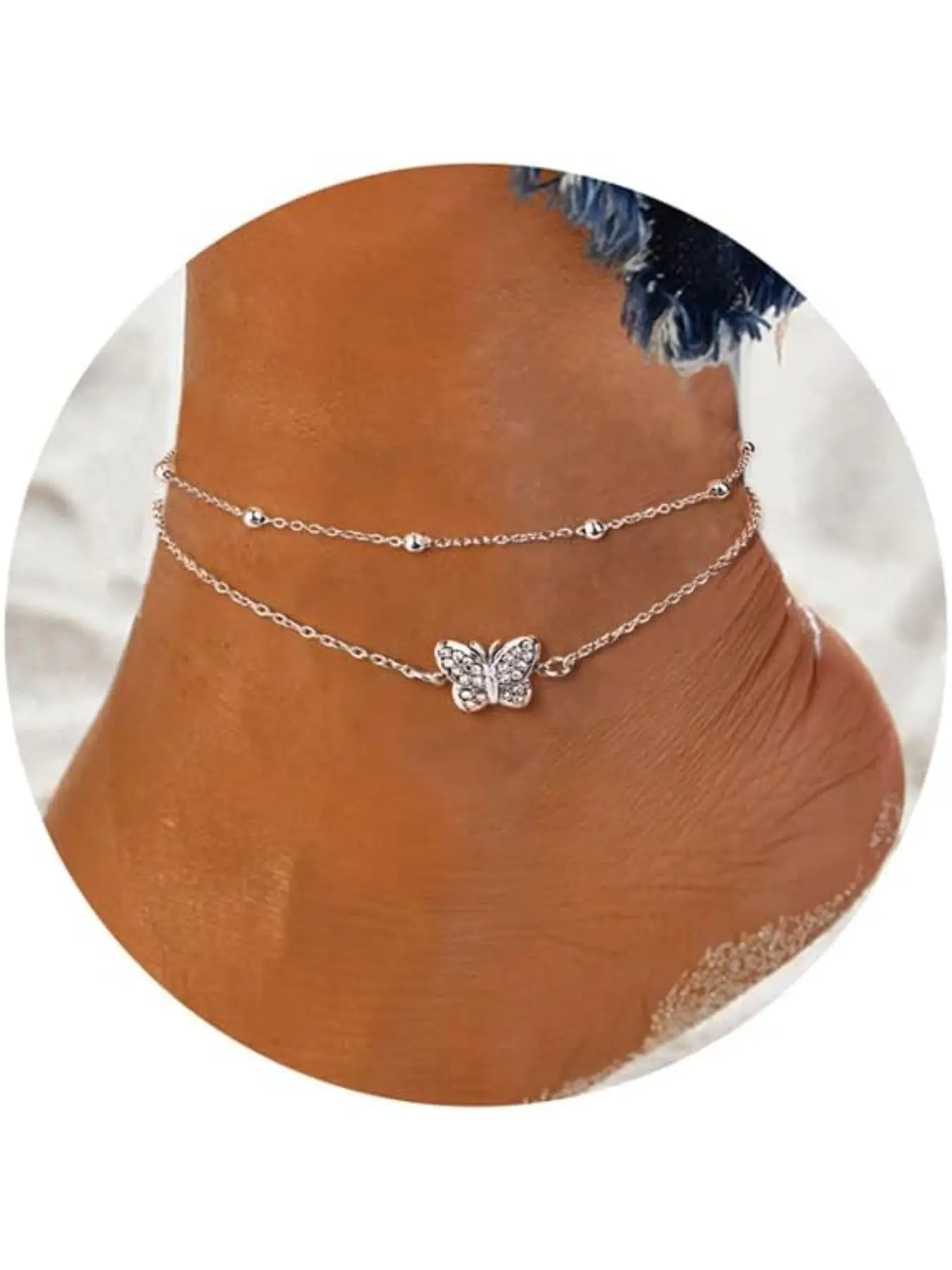 Silver Ankle Bracelets for Women Adjustable Butterfly Heart Layered Women's Anklets Double Layer Beach Foot Jewelry Anklet Gifts for Women Teen Girls Fashionable (Include Gift Box)
