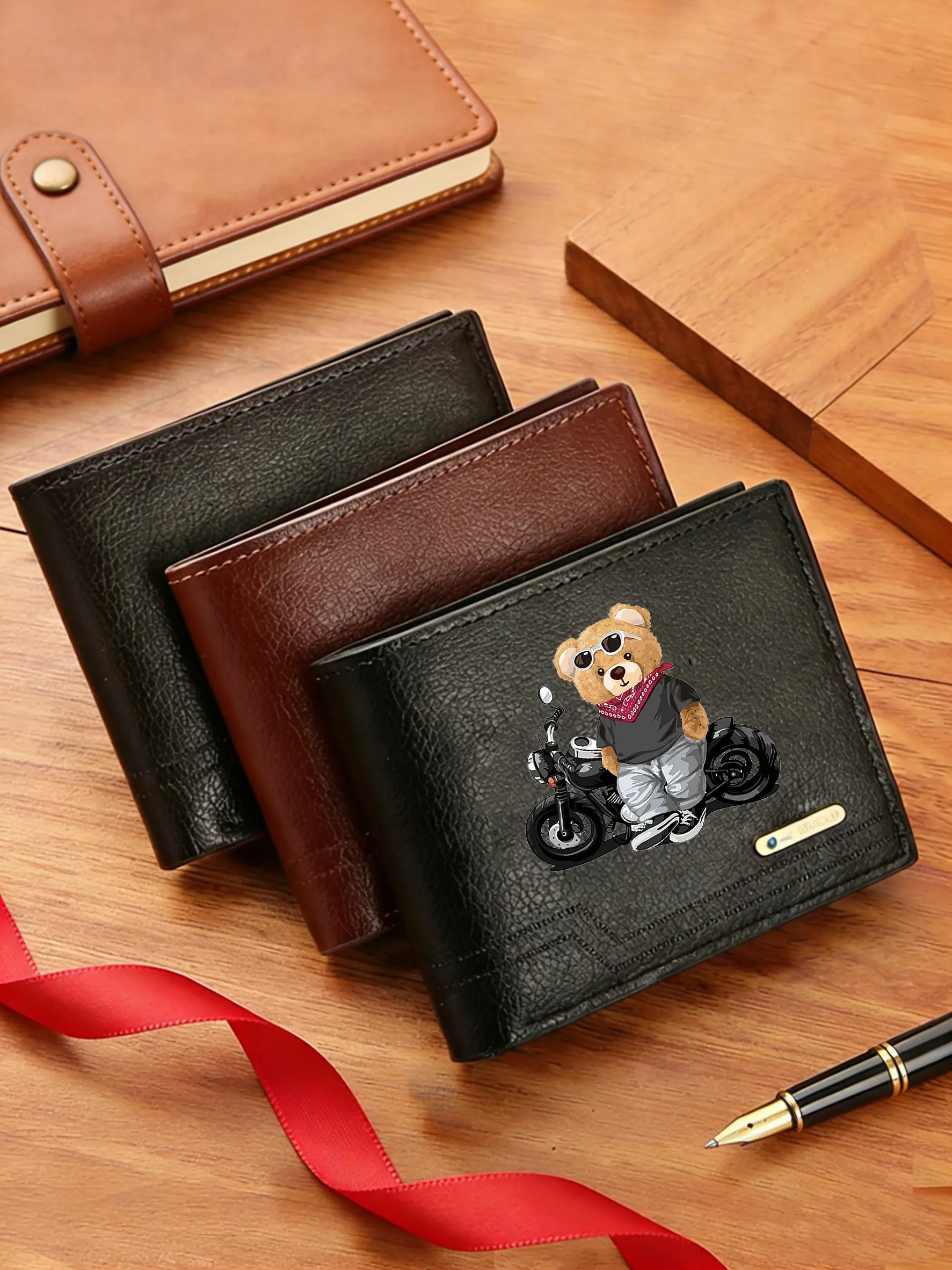 Men's Business Style Faux Leather Wallet Bear Print With Color-Block Accents, Compact Bifold Design For Easy Portability, Perfect Birthday Gift For Boyfriend & Father, Wallet For Men, Fashionable Wallet, Bifold Wallets