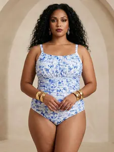 French Blue Porcelain Print One-Piece Swimsuit, Vintage French Print, Wrinkled Tummy Control, Slim Fit, Elegant Wide Shoulder Straps, Tummy Control Swimsuits