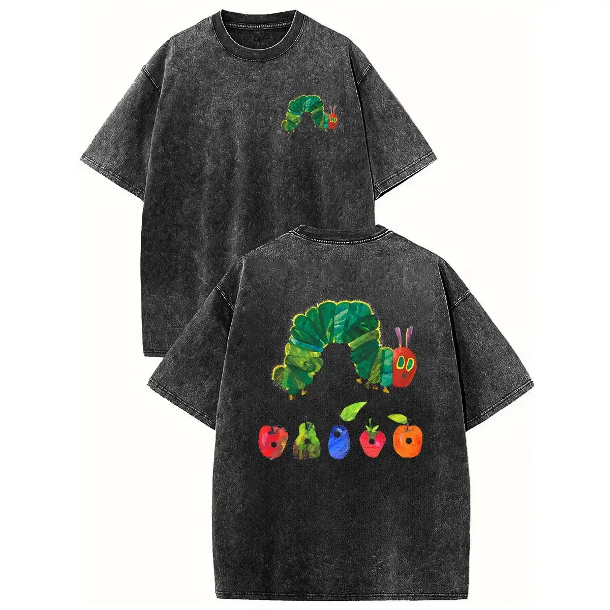 Holafish Retro Acid Washed "The Very Hungry Caterpillar" Dual Side Graphic Tee, Unisex Heavyweight Cotton Streetwear Crewneck T-Shirt, Casual Summer Vibes Top for Daily Wear, Vacation Outfits, Back to School Shopping Guide & Trendy Y2K Fashion Apparel