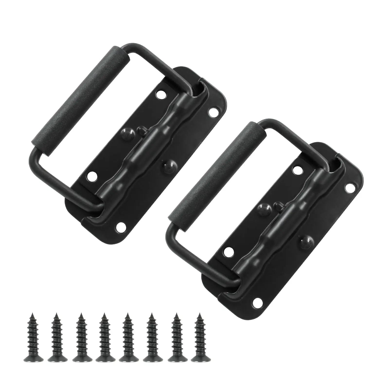 2pcs Spring Loaded Handles, Black Heavy Duty Handle, Stainless Steel Chest Handle with Rubber Grip, Surface Mount Folding Handles for Toolbox Chest Case Trunks Crates Storage Boxes