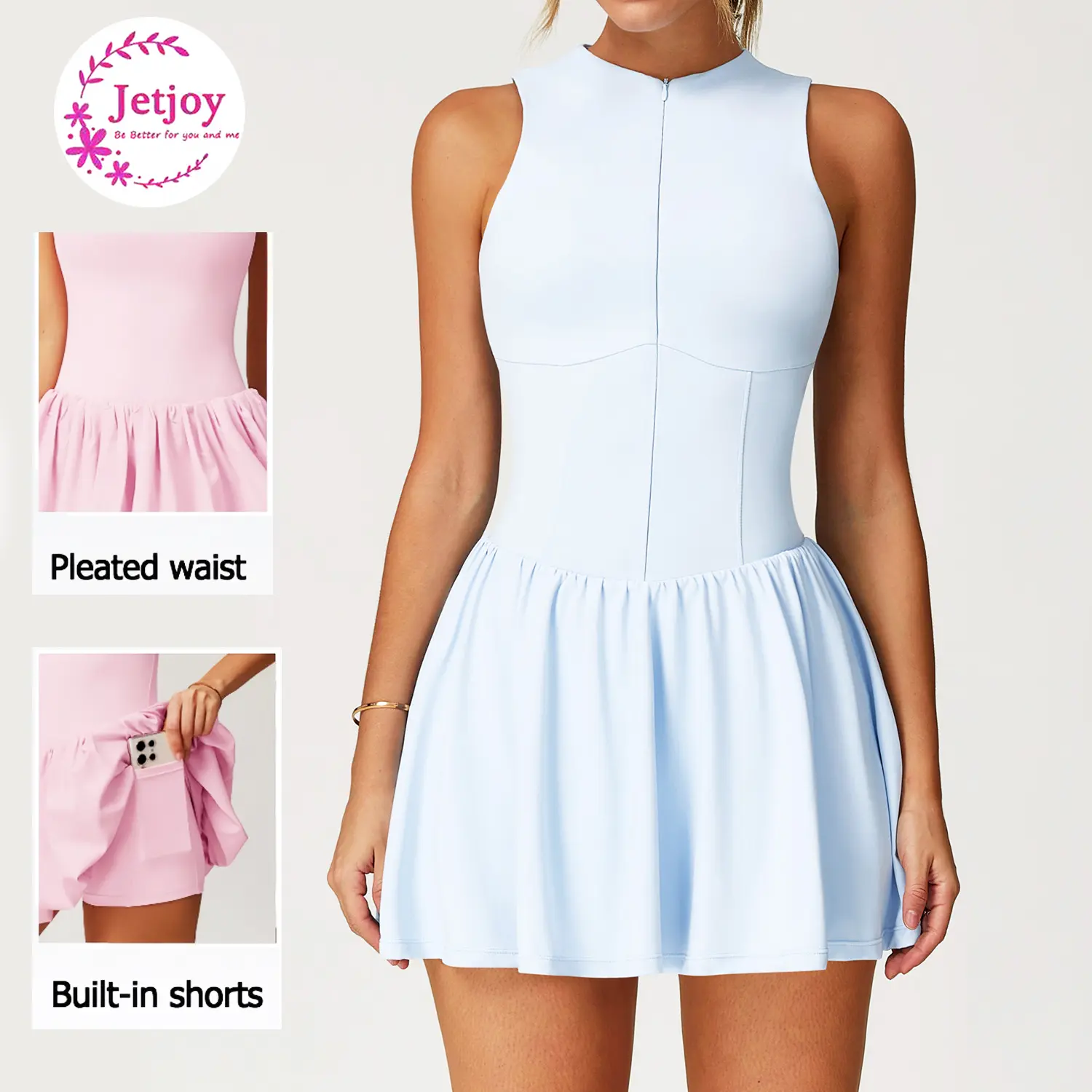 Jetjoy Women's Athleisure Sports Dress - Tennis Attire, Sleeveless Pleated Style with Built-in Removable Pad, Shorts, Pockets for Golf-Themed & Sporty Activities, Athleisure Sports Dresses