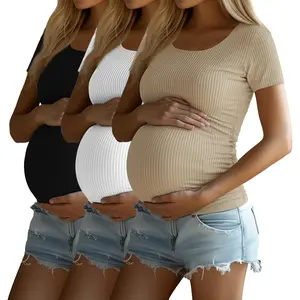 3 Pack Women's Maternity T Shirts, Short Sleeve Cotton  Tops Crew  Ribbed Knit Side Ruched Mama Clothes