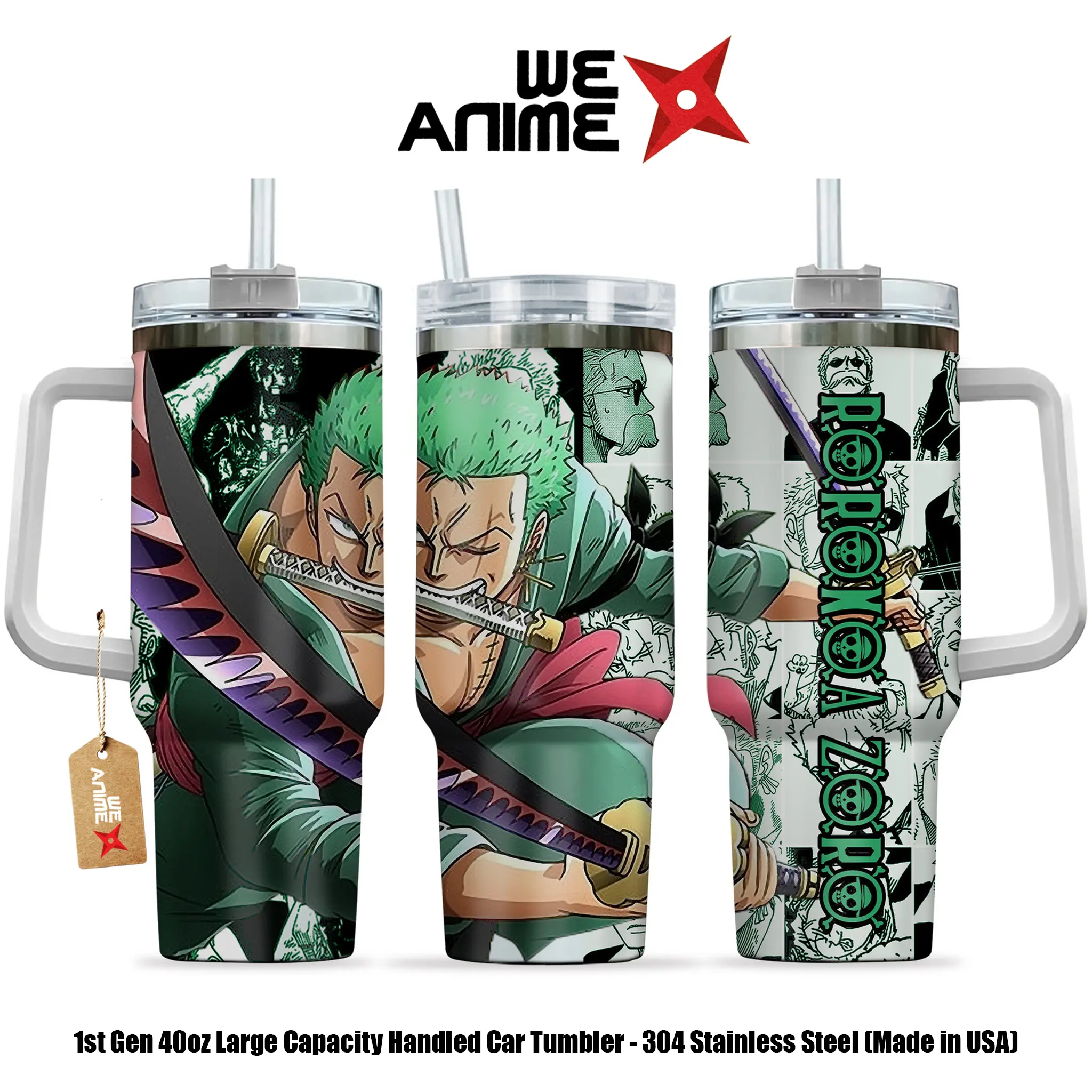 WEXANIME Personalized Roronoa Zoro Pirate Hunter 20oz 40oz Stainless Steel Tumbler with Handle, Double-Wall Vacuum-Insulated Travel Mug, Leak-Resistant Coffee Cup, Reusable Gift for Anime Fans