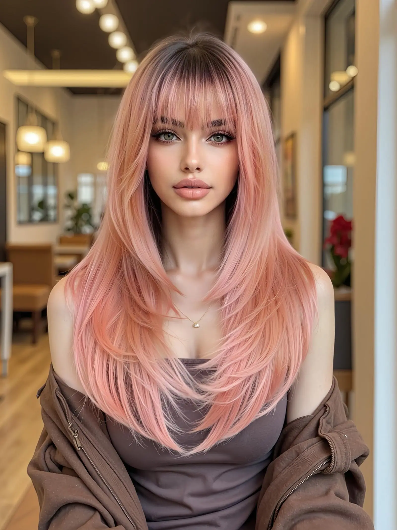 24 Inch Pink Long Straight Wigs for Women, Gorgeous Fluffy Wigs with Blunt Bangs, Synthetic Full Machine Wigs, Synthetic Material Wigs for Party, Daily Use, Synthetic Hair Wigs, Daily Wear Wig
