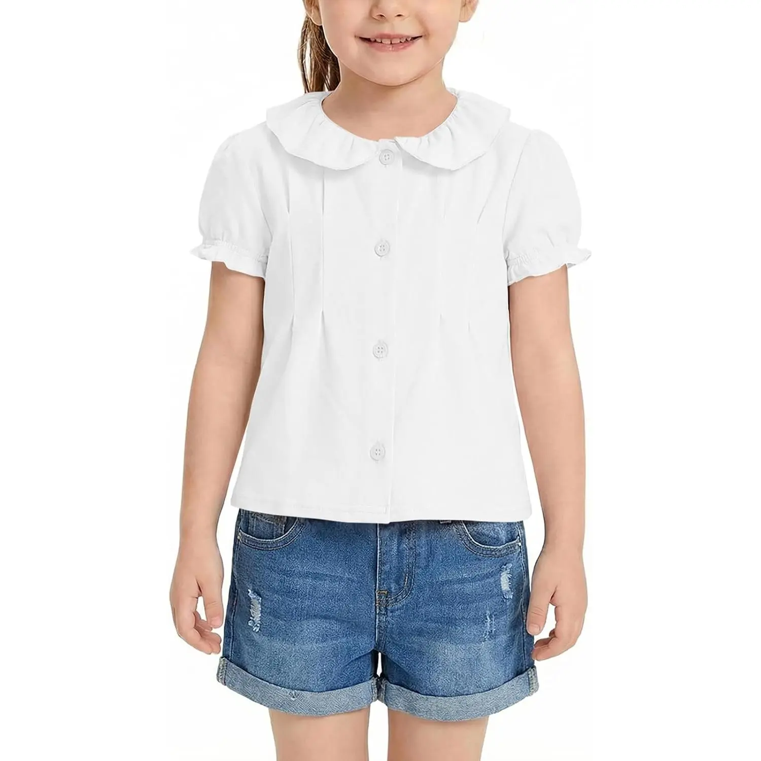 Haloumoning Toddler Girls Puff Sleeve Button Down Shirts School Uniform Shirt
