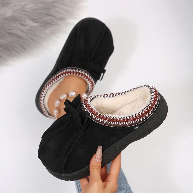 Women's Winter Warm Fuzzy Slippers Bow Accent Slip-On Thick Sole Versatile Indoor Outdoor Shoes