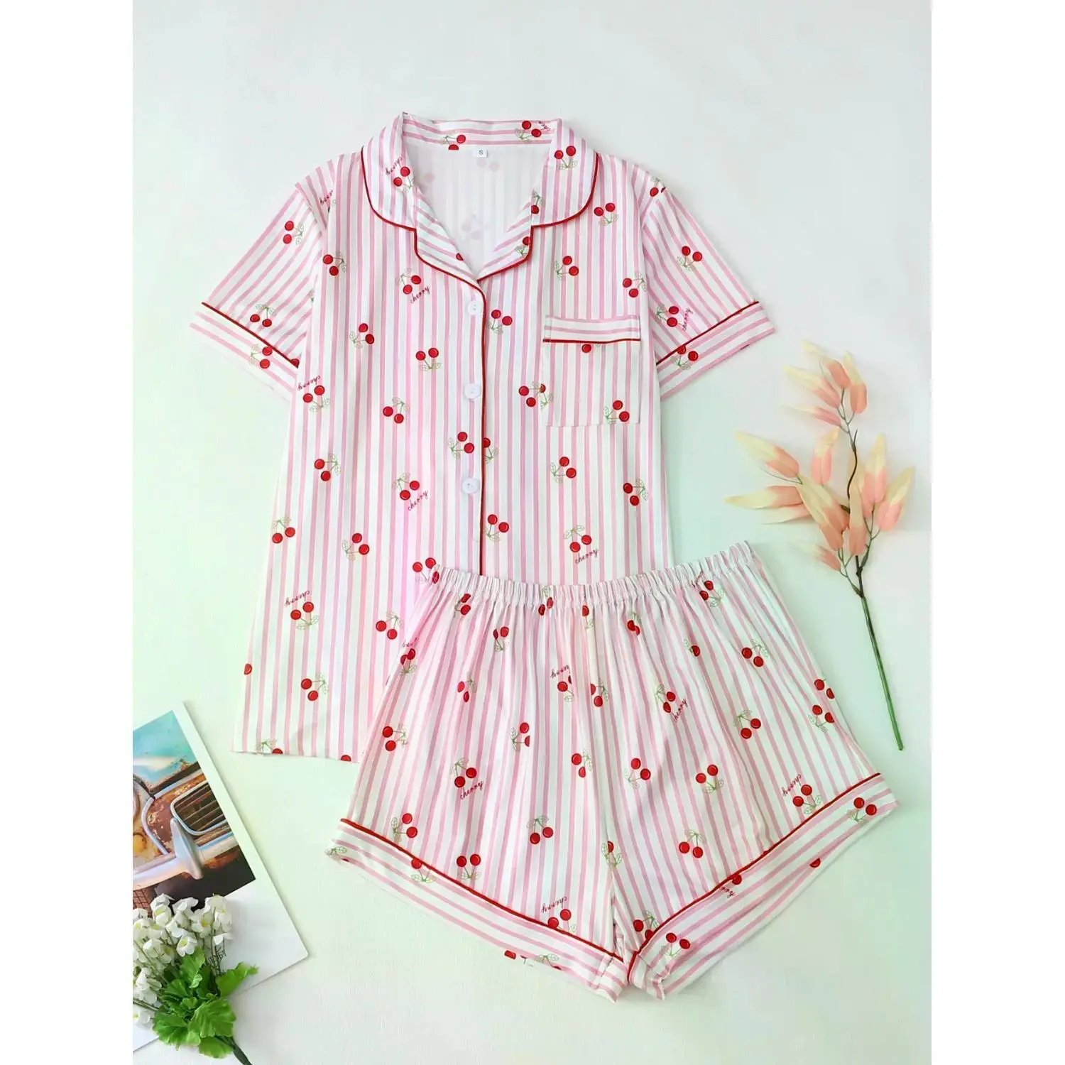 Women's Cherry Stripe Print Pajama Set, Cute & Comfortable Two-Piece Sleepwear with Short Sleeve Button-Up Top and Elastic Waist Shorts