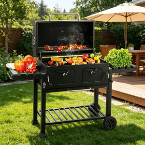 Large Grill Stoves with Extra Cooking Area, Adjustable Doors & Foldable Aide Tables for Backyard BBQ, Summer Vibes, Outdoor Fun