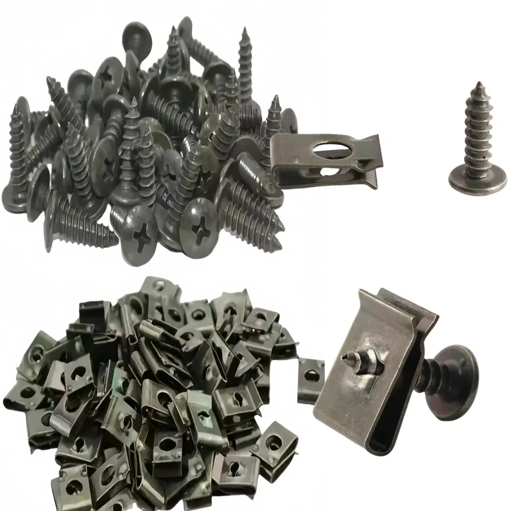 40sets/pack Army Green U-Clips w/ Self-Tapping Screws (M4/M5), Rust-Proof Car Clips Kit for Fenders/Bumpers – Fits Motorcycles, Cars, E-Bikes, ATVs. Heavy-Duty Metal Fixing Clamps.