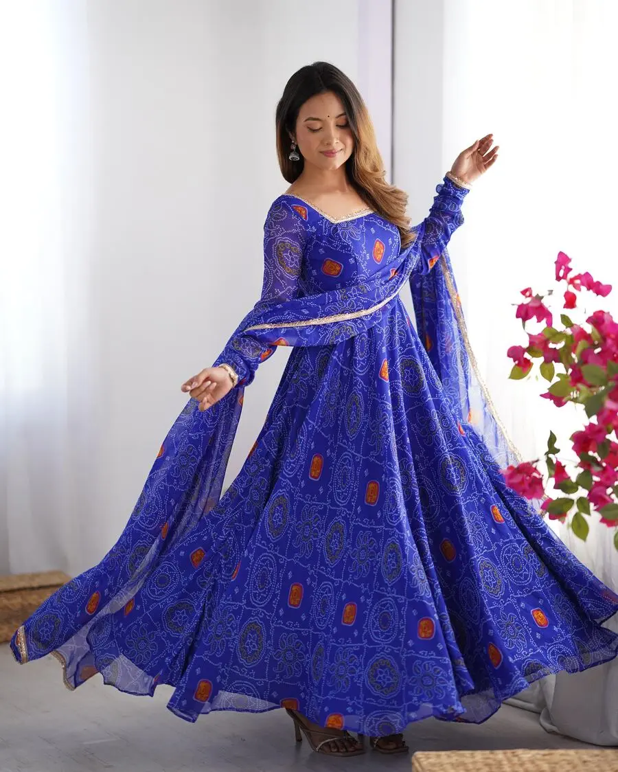 FANCY CHIFFON BANDHEJ PRINTED LACE WORK GOWN BOTTOM WITH DUPATTA
