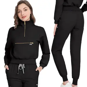 VIAOLI Hospital Jacket Pant Set Long Sleeve Jogging Suit Medical Surgical Uniforms Women Scrubs Set Nurses Beauty Workwear Navy Blue Breathable Fabric Pocket Clothes - Womenswear, Spandex