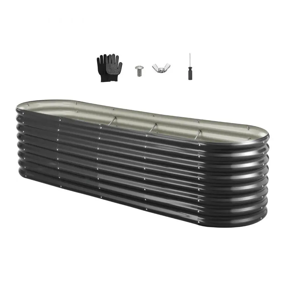 【SummerFinds】VEVOR Galvanized Steel Raised Garden Bed, 8x2x2 ft Oval Metal Panel Planter Box with 12 Side Panels & Open Bottom, Complete Kit for Plant Growth, W/1 Pair of Gloves, 1 Screwdriver, 1 User Manual, Dark Gray
