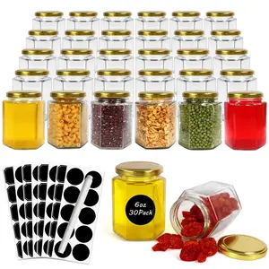 30 Pack 6 oz Hexagonal Glass Jars with Gold Lids for Herbs, Jams, Shower Favors, Wedding Favors, Crafts, Includes 1 Pen and Label